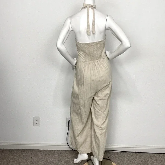 LaScana Cream Linen Blend Button Down Halter Neck Wide Leg Jumpsuit Size 12 - Picture 7 of 10
